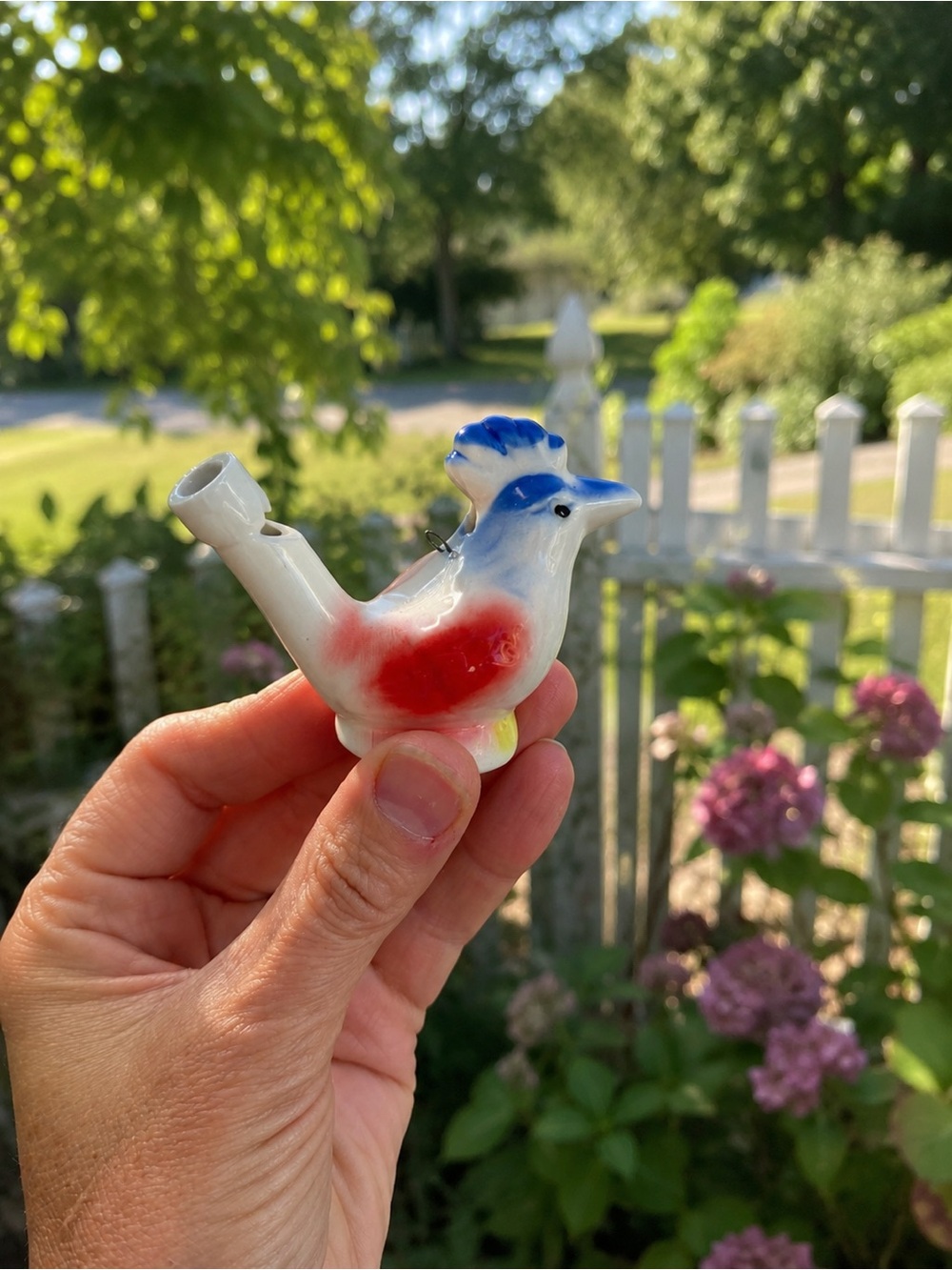 Porcelain Bird Toy Whistle in Blue, Red & White